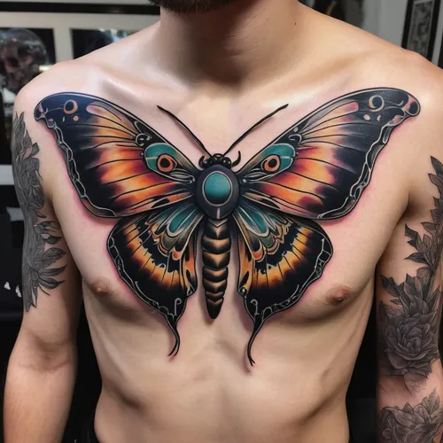 A surreal death moth tattoo surrounded by mystical elements.,ulysses butterfly,butterfly wings,large aurora butterfly,tropical butterfly,papillon,butterfly moth,aurora butterfly,cupido (butterfly),but