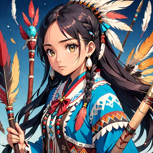 native,native american,pocahontas,american indian,cherokee,maya,utonagan,wuchang,amerindien,oriental princess,mulan,tiger lily,ephedra,game illustration,feather jewelry,oriental girl,ashitaba,hawk feather,spring festival,portrait background,Anime,Anime,Traditional