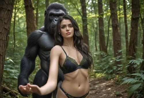 a woman in a bathing suit with a gorilla on her back,shabani,primatology,bonobo,primatologist,hominoid,gorilla