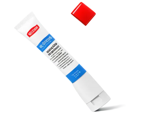 Antibiotic ointment, Neosporin, white tube, red cap, 3/4 composition, shallow depth of field, soft focus, product photography, studio lighting, plastic packaging, medicine, healthcare, pharmaceuticals