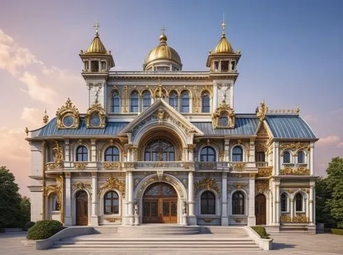 a large building with a golden dome and gold decorations,peterhof palace,gold castle,czarist,fairy tale castle,velankanni,peterhof,Photography,General,Cinematic