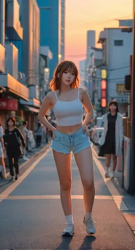 the camera captures a vibrant image of a caucasian girl, who wears a brown hairstyle, brown hair, blue eyes, red lips, and black sports hoes. The girl walks straight for a bustling street in Tokyo at 