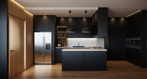 cocina con acabados de lujo en tonos negros, encimera de cuarzo negro y gabinetes madera tzalam,an island is in a black and wood kitchen,modern kitchen interior,dark cabinetry,dark cabinets,kitchen de