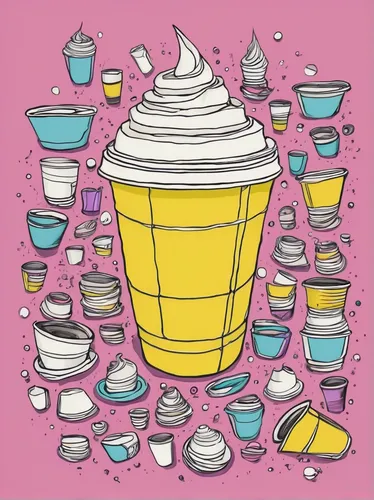 Imagine a futuristic world where paper cups rule,ice cream icons,coffee tea illustration,soft serve ice creams,sundae,yellow cups,ice cream maker,ice cream cone,whipped ice cream,ice cream shop,milksh