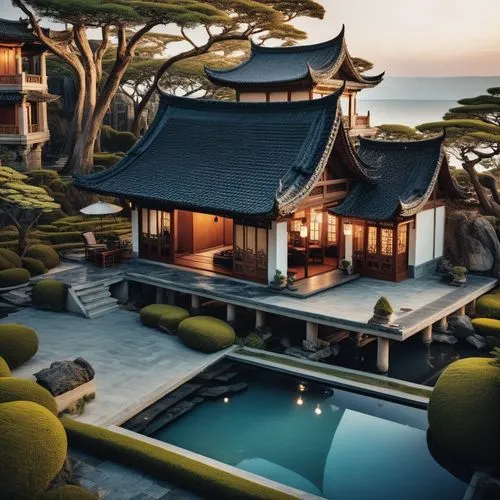 villa with asian theme composed two floors with landscape surrounding it. beside to it there is one floor villa  also in asian style. the landscape includes water with fish, and an outdoor pergola wit