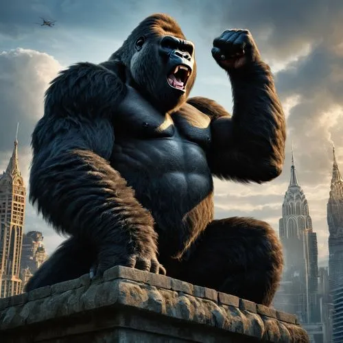 King Kong, silverback gorilla, standing on a tower, roaring, fist raised, digital art,king kong,kong,gorilla,silverback,gorilla soldier,ape,great apes,roaring,primate,war monkey,bear market,anthropomo