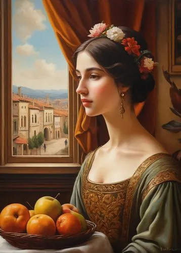 perugini,woman eating apple,habanera,principessa,dossi,girl picking apples,romantic portrait,young woman,yalda,gioconda,cedevita,woman holding pie,oranges,italian painter,primavera,lacerta,apricot,melpomene,woman at cafe,sicilian,Art,Artistic Painting,Artistic Painting 29