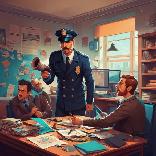 Craft a comedic scene at a police station, with a clumsy detective causing chaos.,policeman,inspector,officer,police officer,criminal police,cops,police work,nypd,police,police officers,garda,police f