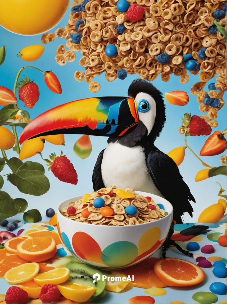 Imagine Tucan Sam appearing in a hilarious TV commercial, enthusiastically promoting his favorite breakfast cereal.,toco toucan,cereals,muesli,field of cereals,cereal,toucan,cereal grain,bird food,foo