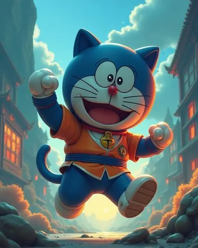 Doraemon, robot cat from the future, blue, rounded, (Doraemon 3.0 + Dragon Ball 2.0) (Doraemon 3.5 Lv 7) (Young Son Goku 2.3: Lv 7) (character fusion Lv 9) in action scene, heroic combat pose, riding 