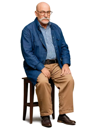 Fat, bald, old man, solo, (60yo), wrinkled face, thick eyebrows, white beard, mustache, glasses, plaid shirt, brown pants, black belt, leather shoes, sitting, relaxed posture, hands clasped together, 