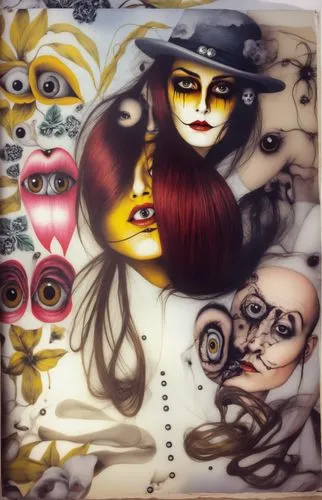 Selvador Dali,a picture of people with different facial markings,viveros,glass painting,la calavera catrina,calaverita sugar,calaveras,muralism,Illustration,Realistic Fantasy,Realistic Fantasy 10