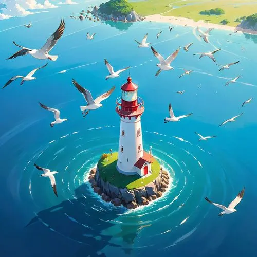 lighthouse,lighthouses,mushroom island,ponyo,electric lighthouse,world digital painting,bird island,hoenn,light house,studio ghibli,petit minou lighthouse,bird kingdom,floating island,ghibli,island suspended,seafort,yazaki,bird tower,fairy chimney,flying island,Anime,Anime,Traditional