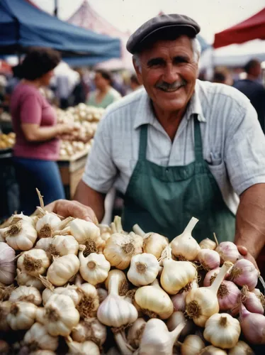 At a bustling farmer's market, a vendor proudly displays a colorful array of garlic bulbs.,garlic bulbs,cultivated garlic,chinese garlic,clove garlic,agaricus,garlic cloves,a clove of garlic,head of g