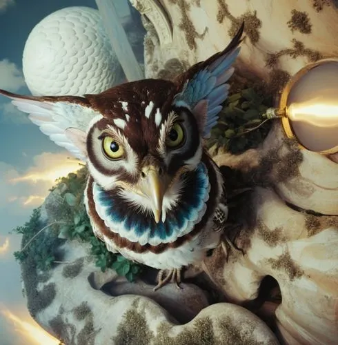 an owl figurine is sitting on a nch surrounded by leaves and flowers,owl butterfly,kawaii owl,mothra,southern white faced owl,boobook owl,rabbit owl,Conceptual Art,Fantasy,Fantasy 22