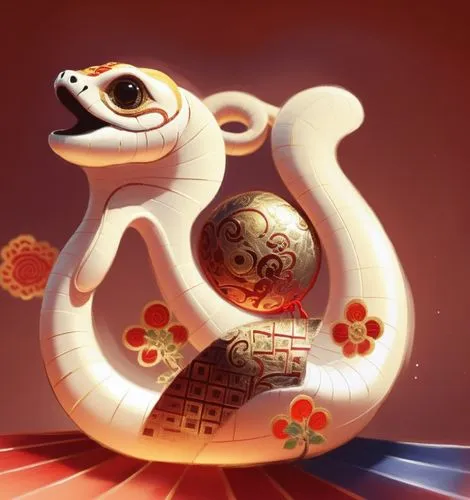 一隻愛笑的小蛇, 充滿著中國新年氣息,a painting of a snake on top of a red object,emperor snake,serpiente,barongsai,amaterasu,oogway,snake charming,Illustration,Black and White,Black and White 08