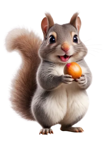 Cute squirrel, cartoon style, solo, standing, (10yo), big round eyes, fluffy tail, pink nose, white fur with grey ears and paws, holding acorn, smiling face, chubby cheeks, simple background, soft foc