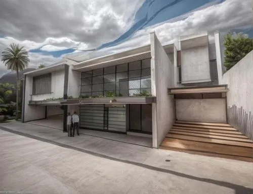 two people are standing next to a building,modern house,mid century house,seidler,dunes house,modern architecture,neutra,eichler,landscape design sydney,mid century modern,arquitectonica,fresnaye,mode