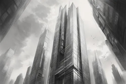 skyscraping,supertall,tall buildings,highrises,unbuilt,skycraper,arcology,coruscant,high rises,monolithic,monoliths,spire,barad,skyscraper,metropolis,shard of glass,skyscrapers,city scape,monolith,gothams,Illustration,Black and White,Black and White 30