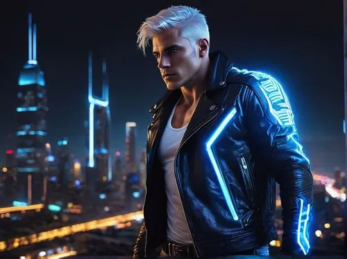 cyberpunk,justin bieber,jacket,neon lights,renegade,believer,futuristic,power icon,edit icon,mohawk,cool blonde,city lights,adam,leather jacket,coder,spotify icon,platinum,codes,pompadour,bolero jacket,Conceptual Art,Daily,Daily 01