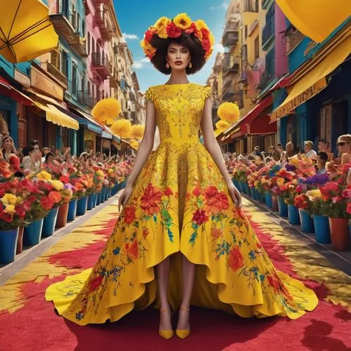 The sleek, modern device in this digital representation of AI Image creates a vibrant display for a woman dressed in a vibrant yellow dress with vibrant floral designs. The dress is made up of brightl