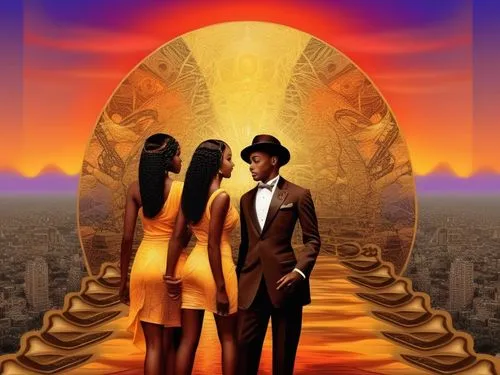 fractal sunset at africa,roaring twenties couple,afrofuturism,kemet,loving couple sunrise,art deco background,elopement,qabalah,man and woman,golden weddings,two people,black couple,santigold,vintage 