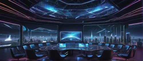 spaceship interior,ufo interior,conference room,cybercity,tron,board room,futuristic landscape,meeting room,sky space concept,megacorporation,boardroom,nightclub,arcology,background design,cyberport,cyberview,starbase,computer room,cybertown,spaceport,Illustration,American Style,American Style 11