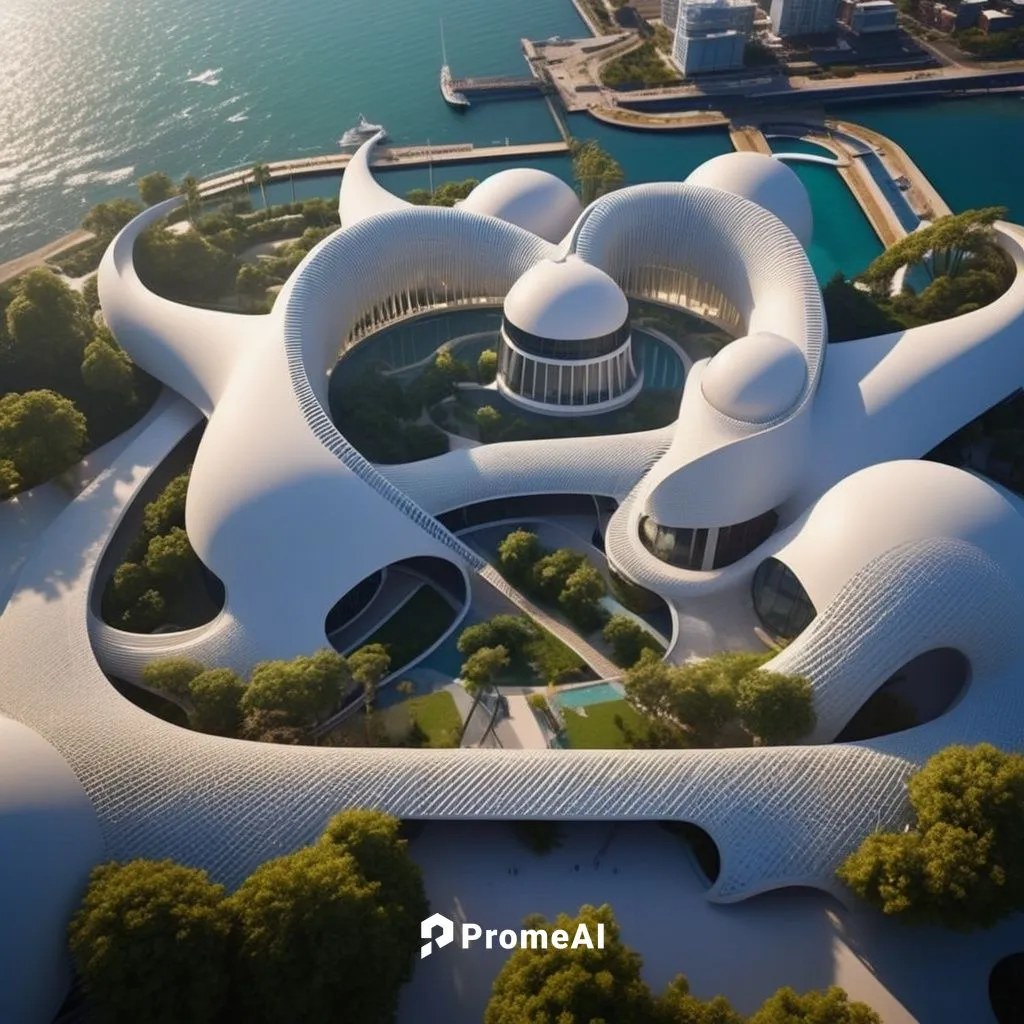 Human buildings create shapes beyond imagination. The atmosphere, sky, weather, and surface of Sea have clearly visible signs with the building's name written on P O T E.  on roof,futuristic architect