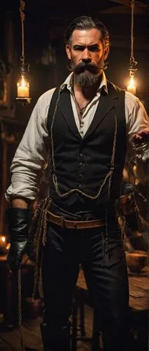 Male, mature, muscular, fantasy character, puppeteer, holding strings, intricate wooden puppets, leather gloves, white shirt, black vest, dark pants, boots, mysterious eyes, pointed beard, mustache, d