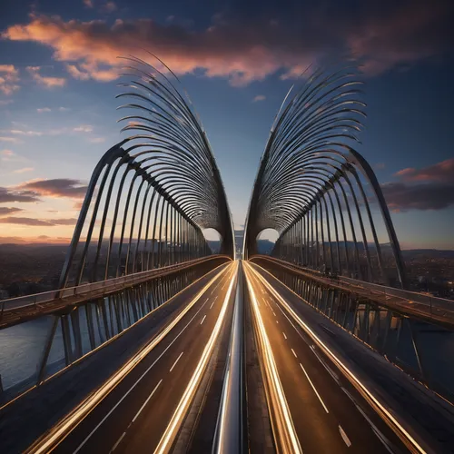 Generate a 3D bridge inspired by Santiago Calatrava with his kinetic approach. Picture an elegant bridge that mimics the motion of wings in flight, incorporating moving parts that respond to wind curr