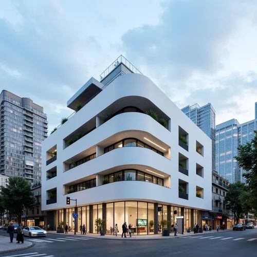 Simple white facade, clean lines, minimal ornamentation, large glass windows, sliding doors, cantilevered rooflines, open-air balconies, sleek metal railings, subtle LED lighting, urban cityscape, bus