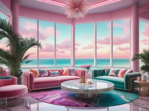 south beach,livingroom,pink chair,paradisus,cabana,dreamhouse,sunroom,tropical house,living room,beach house,haulover,penthouses,miami,dream beach,beauty room,oceanfront,breakfast room,great room,palmbeach,pink beach,Illustration,Paper based,Paper Based 11