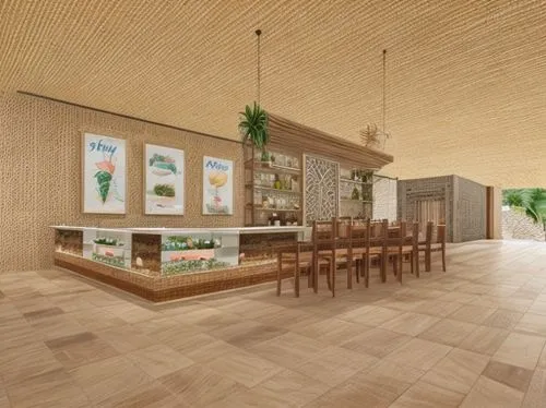 resort style, beach club 
bar counter with cake and wine display ,ice cream shop,ice cream parlor,coconut bar,coconut water bottling plant,archidaily,watercolor tea shop,kraft paper,tile kitchen,lobby