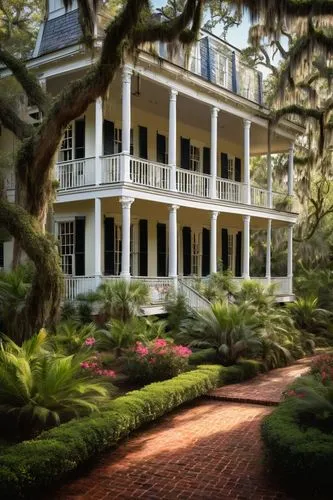 Lowcountry architecture, historic mansion, Charleston style, large porch, white pillars, wooden shutters, brick walls, steeply pitched roof, dormer windows, ornate ironwork, wraparound balcony, hangin