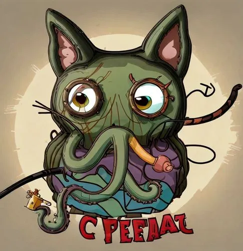 A whimsical illustration of a unique octopus-cat hybrid, its body is covered in tentacles instead of fur. The creature has a mischievous expression and piercing eyes, while its tentacles are covered i