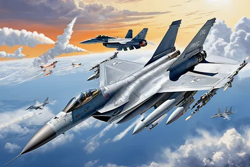 fighter jet, F-16 Fighting Falcon, MiG-29 Fulcrum, aerial dogfight, military aircraft, sleek design, jet engines, afterburners, camouflage paint, high-speed maneuver, contrails, clear sky, dynamic act