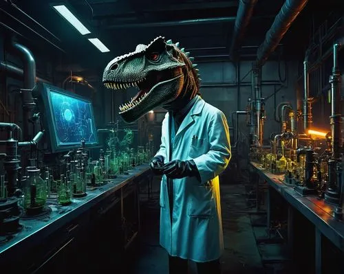 chemical laboratory,laboratory,laboratory information,lab,scientist,tyrannosaurus rex,biologist,dino,researcher,trex,sci fiction illustration,dinosaur,palaeontology,science education,tyrannosaurus,landmannahellir,t-rex,drexel,jurassic,chemist,Art,Artistic Painting,Artistic Painting 06