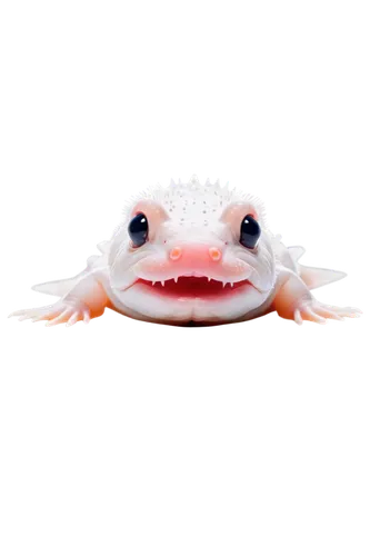 axolotl, Mexican salamander, albino, white skin, feathery gills, cute eyes, smiling mouth, floating in water, transparent background, soft focus, pastel color tone, shallow depth of field, cinematic l