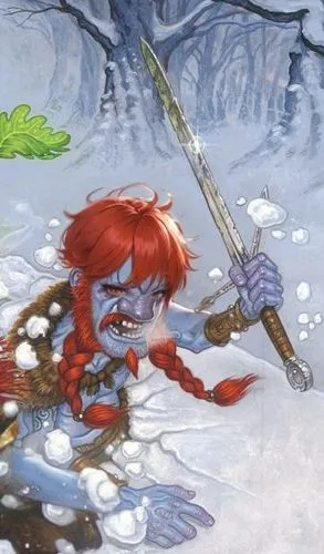 short red hairs,a picture of a troll that has a knife in it's mouth,elfquest,gnome skiing,the snow queen,icewind,gnome ice skating,maedhros