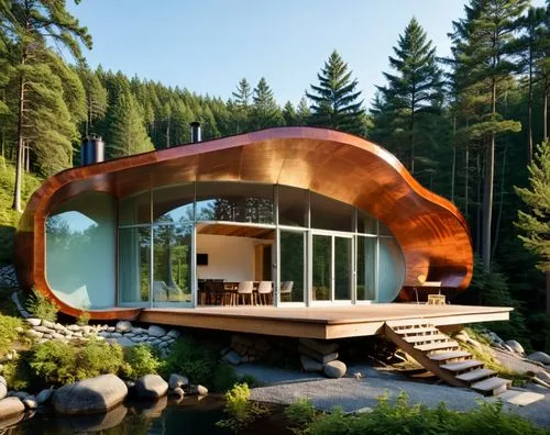 Small Seaside cabin by a forest. Patinated copper roof.,there is a very unusual house near the water,cubic house,log home,forest house,house in the mountains,summer house,cube house,Photography,Genera