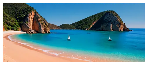 Seaside pexels bay, tropical atmosphere, clear turquoise water, sandy beach, palm trees swaying gently, rocky cliffs, sailboats in distance, sunny weather, cloudless sky, dramatic sunset lighting, pan