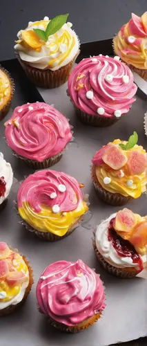 Set in a bustling food market, write a scene where a young chef presents a unique creation: guava jam-infused cupcakes. Describe the customers' reactions.,cupcake tray,cream cheese tarts,tarts,cupcake