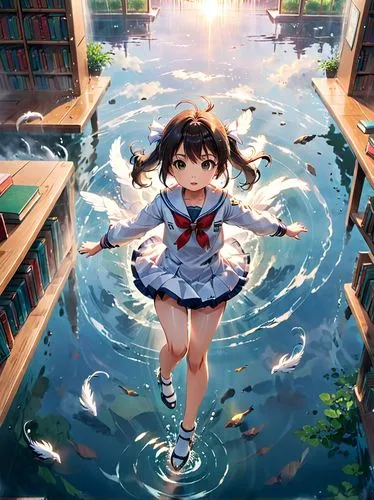 monogatari,flooded pathway,tsugumi,tsukiko,minakami,megumi,Anime,Anime,Realistic