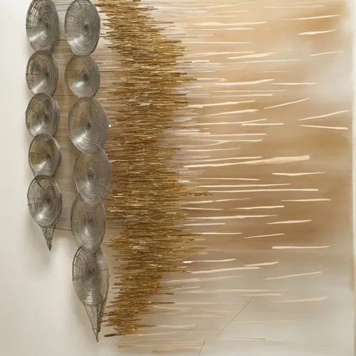 some metal bowls are placed in the middle of an image,quipu,bertoia,brancusi,decordova,softspikes,decorative arrows,3D,Modern Sculpture