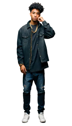 Rapper, male, afro hair, gold chain, streetwear outfit, oversized jacket, ripped jeans, black sneakers, confident pose, mic in hand, urban background, warm lighting, shallow depth of field, close-up s