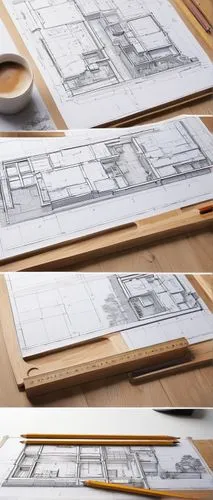 A1 paper, landscape orientation, 594mm x 841mm, white background, clean desk, modern office, wooden table, architectural drawings, blueprints, ruler, pencil case, coffee cup, morning light, soft shado