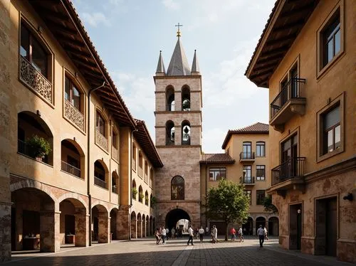 Grandiose Romanesque architecture, ornate rooflines, curved arches, terracotta tiles, rustic stone walls, intricate carvings, grand bell towers, ornamental balustrades, symmetrical facades, richly tex