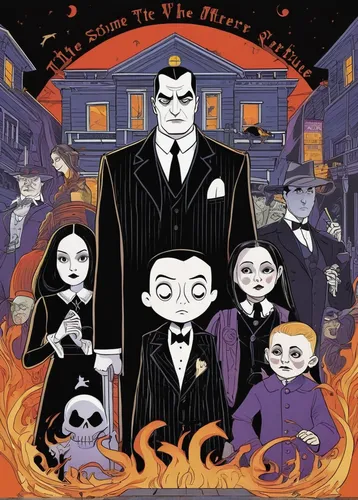 Craft a thrilling plot where the Locos Addams must solve a supernatural mystery to protect their family fortune.,cd cover,halloween poster,mafia,halloween paper,halloween ghosts,nightshade family,cove