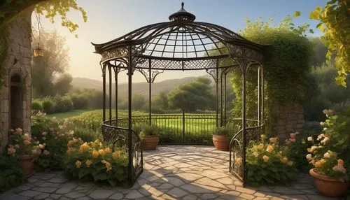 pergola,garden fence,garden door,fence gate,arbour,bird cage,birdcage,arbor,iron gate,hanging basket,wrought iron,farm gate,trellis,garden swing,metal gate,trellises,gazebo,hanging lantern,conservatory,greenhouse,Illustration,Realistic Fantasy,Realistic Fantasy 44