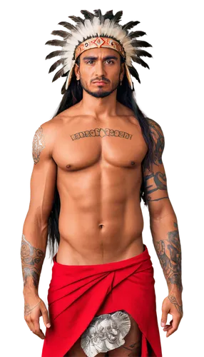 Ancient Aztec warrior, feathered headdress, golden jewelry, intricate tattoos, muscular chest, red loincloth, sandals, holding spear, confident stance, serious facial expression, warm sunlight, 3/4 co